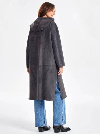 Замшевое женское пальто оверсайз с капюшоном на молнии премиум класса 3058з, темно-серое, размер 48, артикул 25690-3
