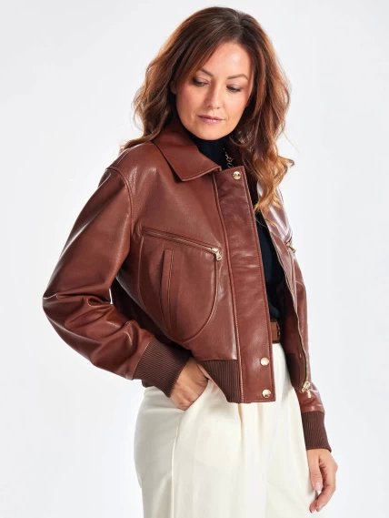 Короткая кожаная куртка бомбер для женщин премиум класса 3066, песочная, размер 44, артикул 23800-5