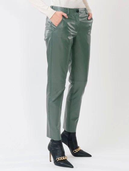 Кожаные зауженные женские брюки из натуральной кожи 03, оливковые, размер 44, артикул 85260-4