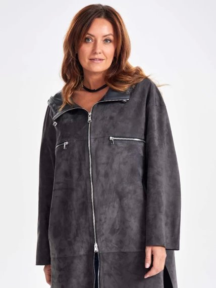 Замшевое женское пальто оверсайз с капюшоном на молнии премиум класса 3058з, темно-серое, размер 48, артикул 25690-1