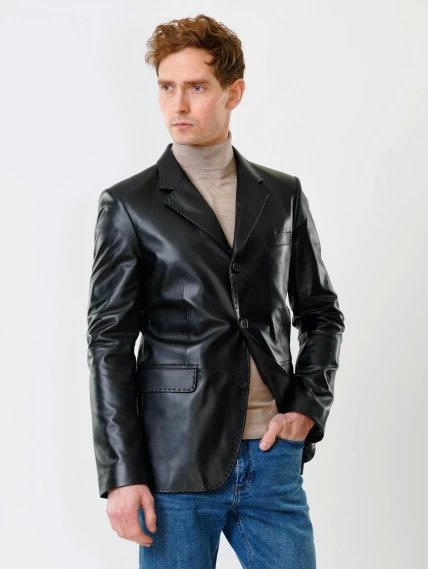 Мужской кожаный пиджак на ручном стежке премиум класса 543, черный, размер 48, артикул 28451-5