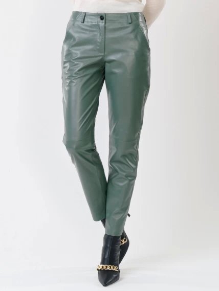 Кожаные зауженные женские брюки из натуральной кожи 03, оливковые, размер 44, артикул 85260-3