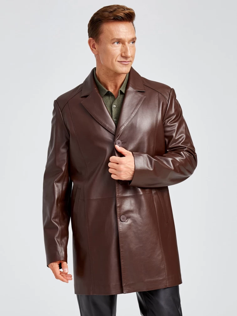 Кожаный пиджак удлиненный премиум класса для мужчин 541, коричневый, размер 48, артикул 29532-1