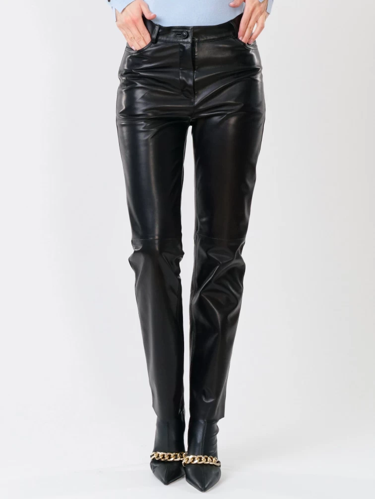 Кожаные зауженные женские брюки из натуральной кожи 02, черные, размер 44, артикул 85230-3