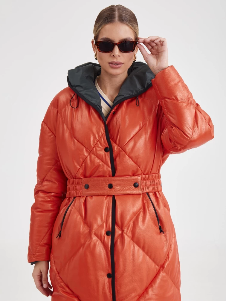 Кожаное пальто с капюшоном премиум класса женское 3026, оранжевое, размер 44, артикул 25410-1