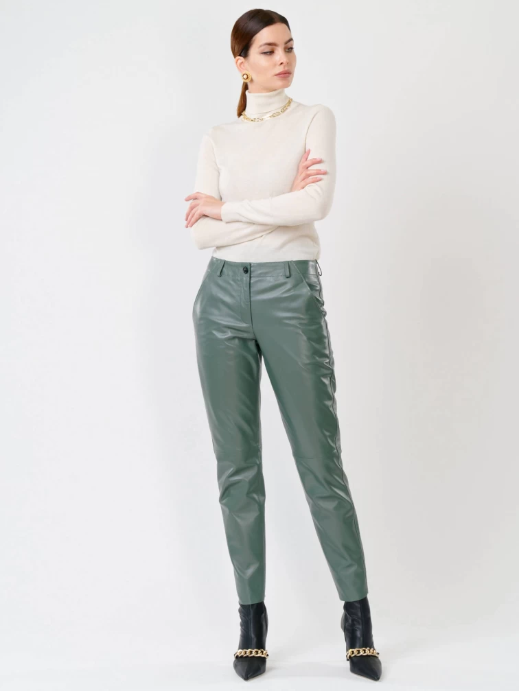 Кожаные зауженные женские брюки из натуральной кожи 03, оливковые, размер 44, артикул 85260-0