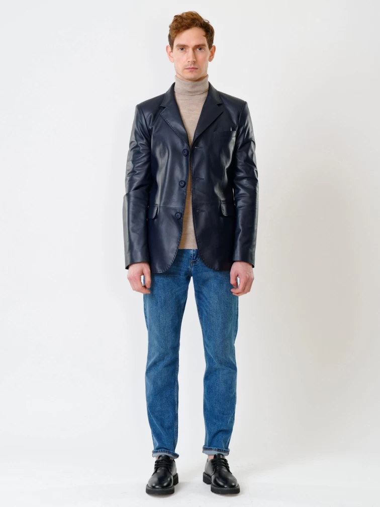 Мужской кожаный пиджак на ручном стежке премиум класса 543, синий, размер 50, артикул 28441-3