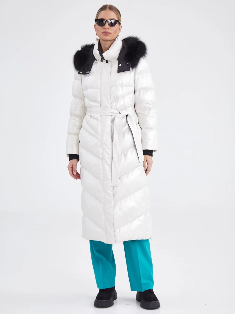Пальто кожаное с капюшоном премиум класса женское 3025 с мехом песца, серебристое, размер 44, артикул 25430-5
