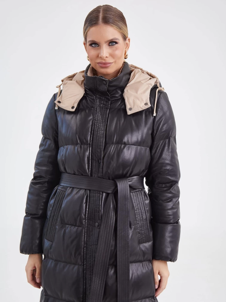 Черное кожаное пальто с капюшоном премиум класса женское 3024, размер 44, артикул 25420-1