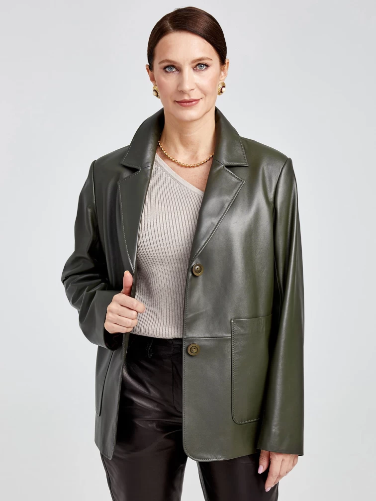 Кожаный женский пиджак премиум класса 3016, оливковый, размер 54, артикул 91630-0