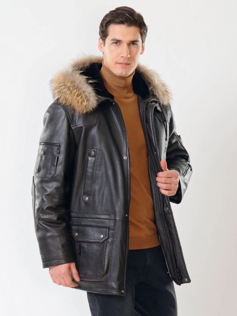 Утепленная мужская кожаная куртка аляска с мехом енота Алекс, коричневая, размер 52, артикул 40300-2