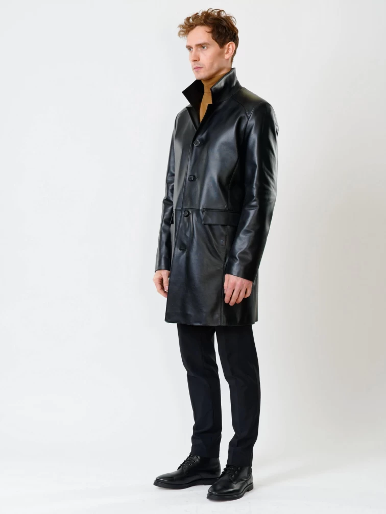 Удлиненный кожаный мужской пиджак премиум класса 539, черный, размер 52, артикул 29552-3