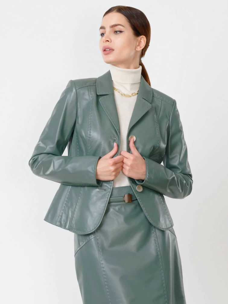 Кожаный женский пиджак 316рс, оливковый, размер 46, артикул 90851-0