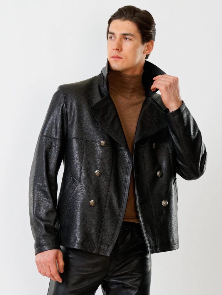 Двубортная мужская кожаная куртка Клуб, черная, размер 48, артикул 28781-5