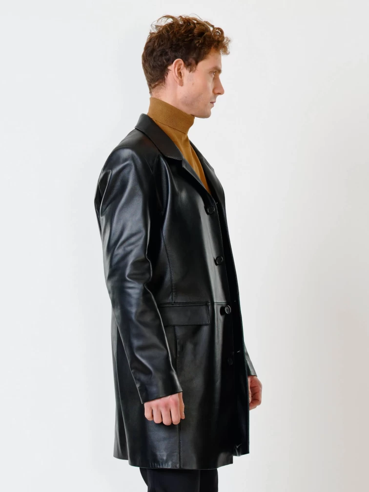 Удлиненный кожаный мужской пиджак премиум класса 539, черный, размер 52, артикул 29552-1