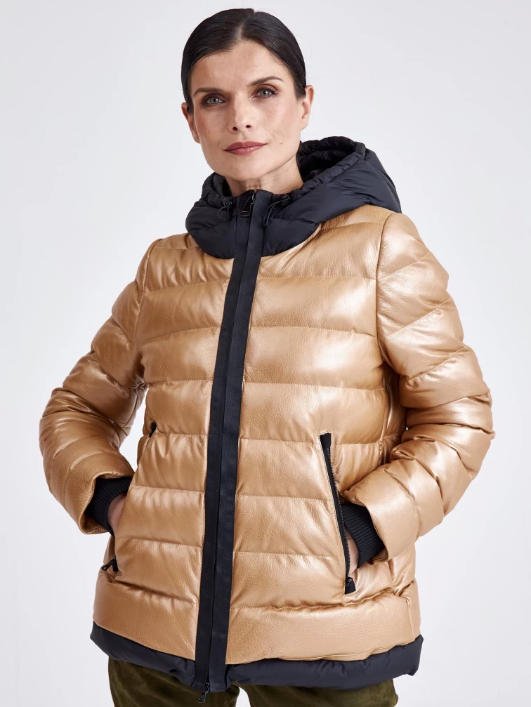 Женская кожаная куртка с капюшоном премиум класса 3028, бежевая, размер 44, артикул 23340-0