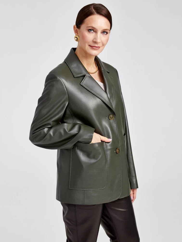 Кожаный женский пиджак премиум класса 3016, оливковый, размер 54, артикул 91630-3