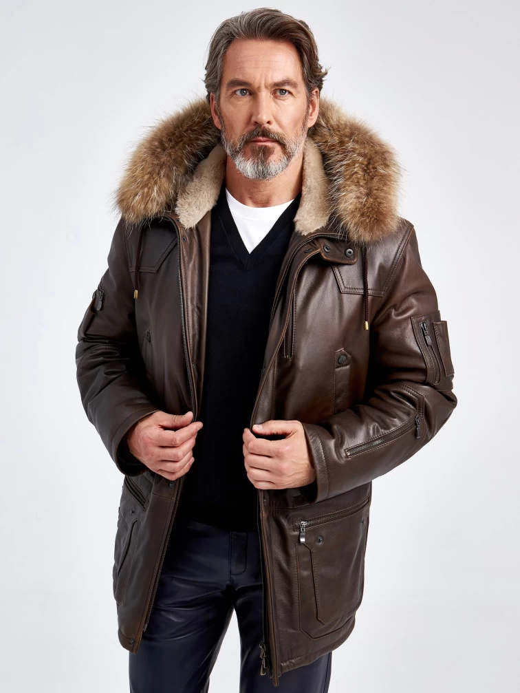 Утепленная мужская кожаная куртка аляска с мехом енота Алекс, темно-коричневая, размер 48, артикул 40720-3