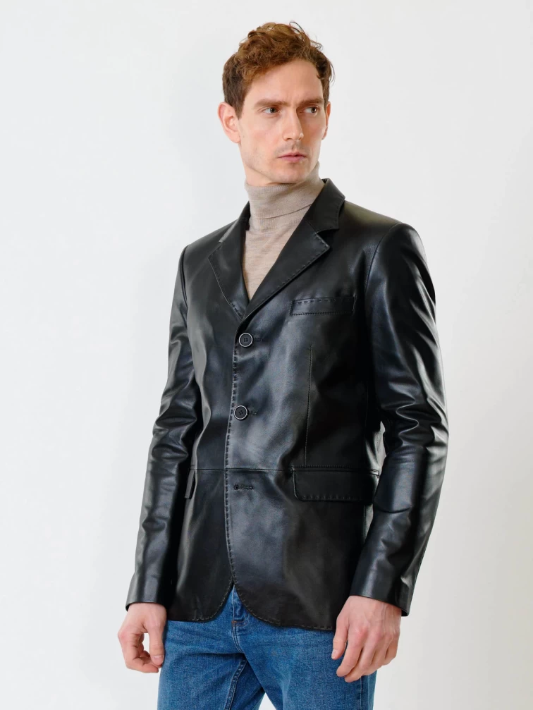 Мужской кожаный пиджак на ручном стежке премиум класса 543, черный, размер 48, артикул 28451-0