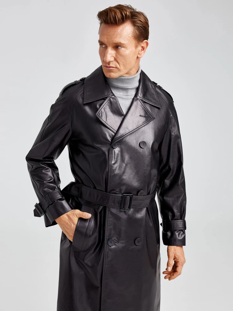 Двубортное мужское кожаное пальто премиум класса 553, черное, размер 50, артикул 71340-0