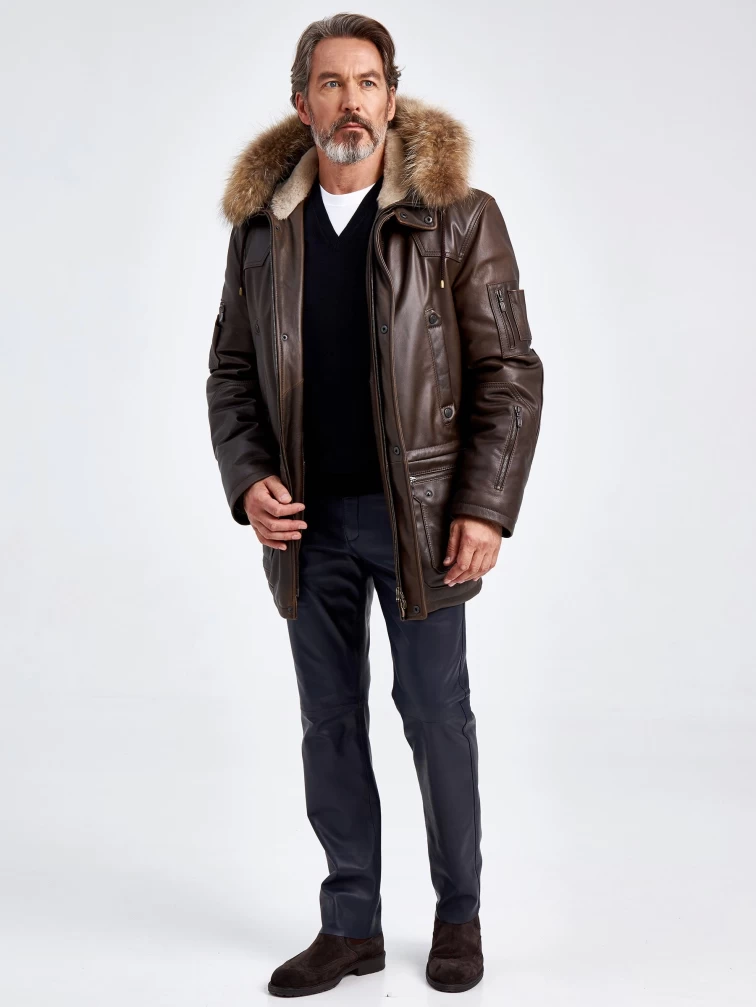Утепленная мужская кожаная куртка аляска с мехом енота Алекс, темно-коричневая, размер 48, артикул 40720-1