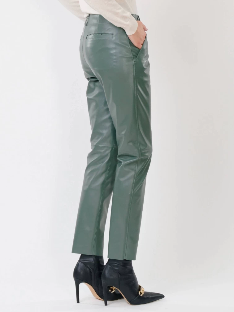 Кожаные зауженные женские брюки из натуральной кожи 03, оливковые, размер 44, артикул 85260-6