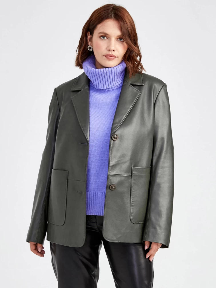 Кожаный женский пиджак премиум класса 3016, оливковый, размер 54, артикул 91581-2