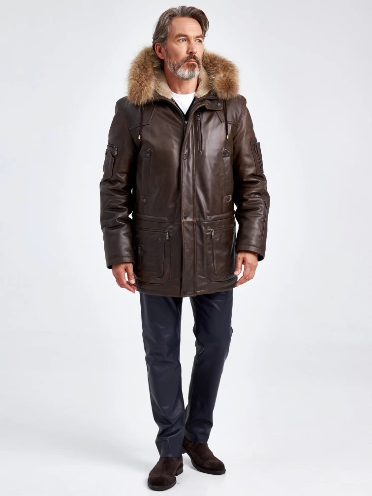 Утепленная мужская кожаная куртка аляска с мехом енота Алекс, темно-коричневая, размер 48, артикул 40720-5