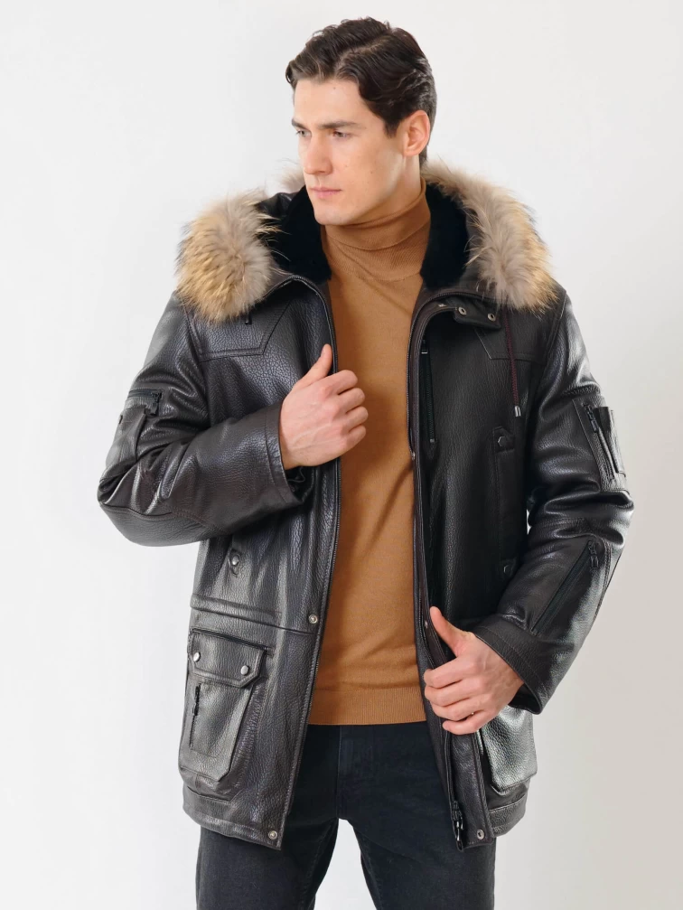Утепленная мужская кожаная куртка аляска с мехом енота Алекс, коричневая, размер 52, артикул 40300-0