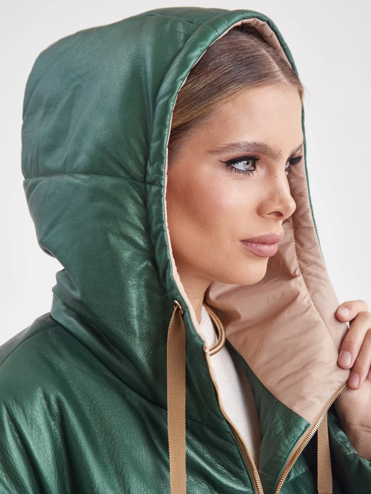Утепленная кожаная куртка оверсайз с капюшоном премиум класса женская 3023, зеленая, размер 48, артикул 23330-2