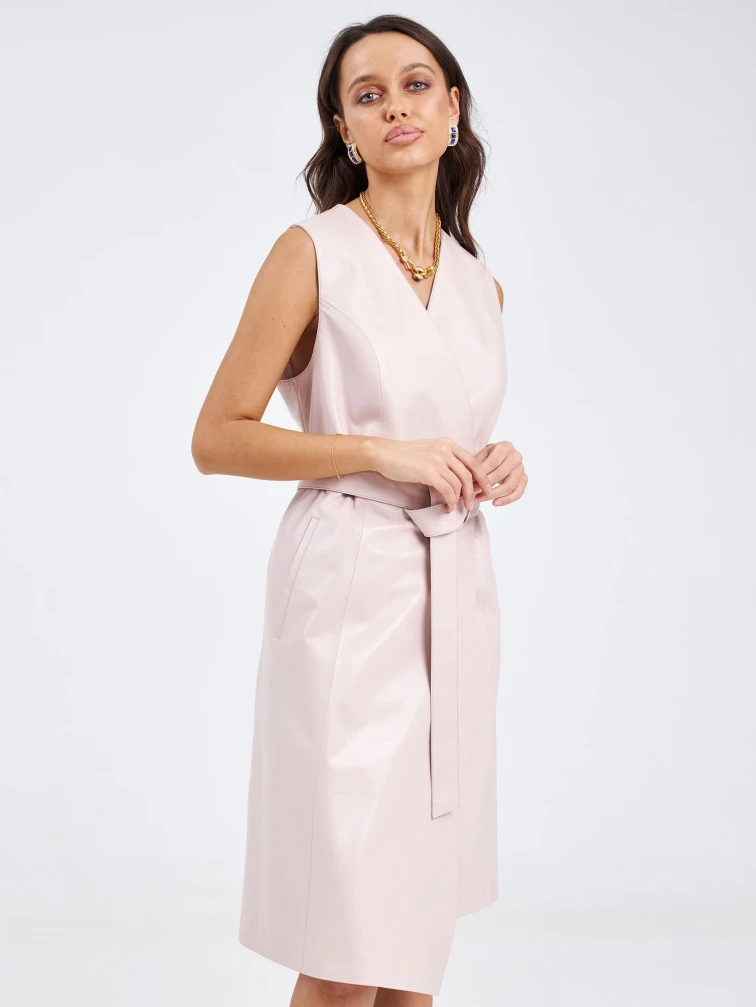 Кожаный женский сарафан из натуральной кожи 02, пудровый, размер 46, артикул 85190-1