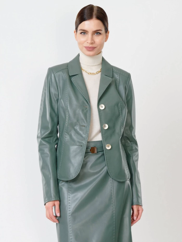 Кожаный женский пиджак 316рс, оливковый, размер 46, артикул 90851-6