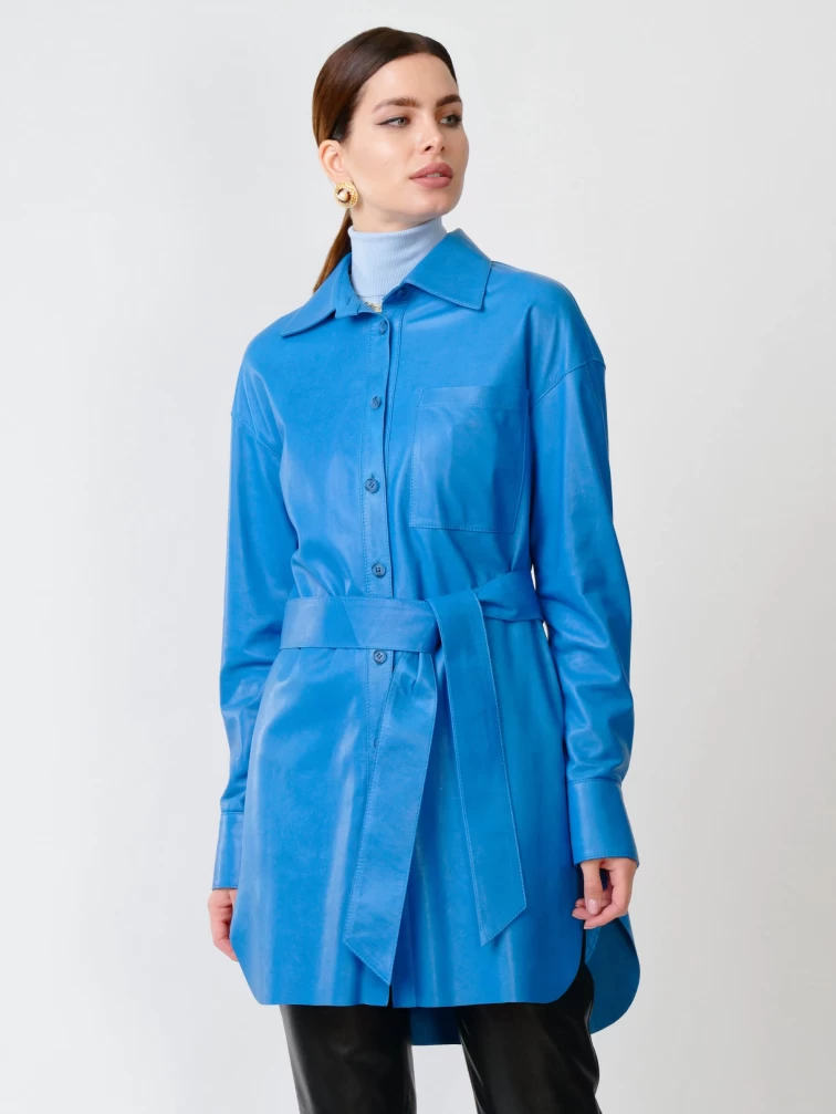 Женская кожаная рубашка с поясом из натуральной кожи 01_1, голубая, размер 46, артикул 90751-0