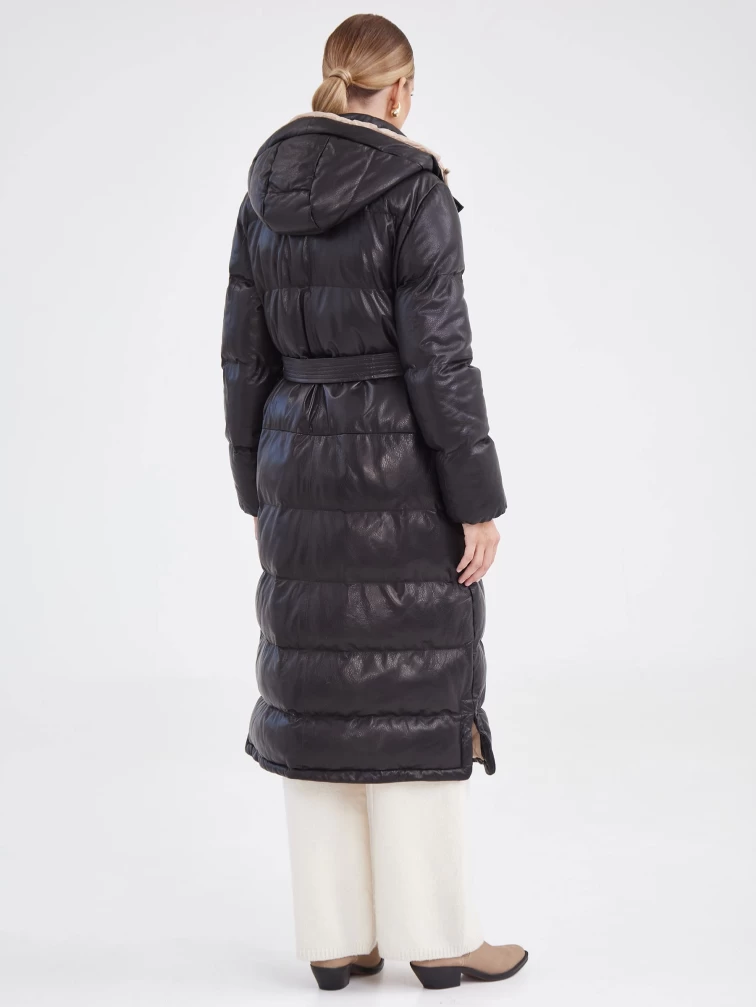 Черное кожаное пальто с капюшоном премиум класса женское 3024, размер 44, артикул 25420-4
