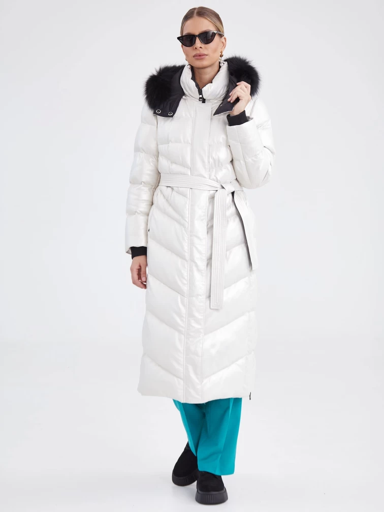 Пальто кожаное с капюшоном премиум класса женское 3025 с мехом песца, серебристое, размер 44, артикул 25430-2