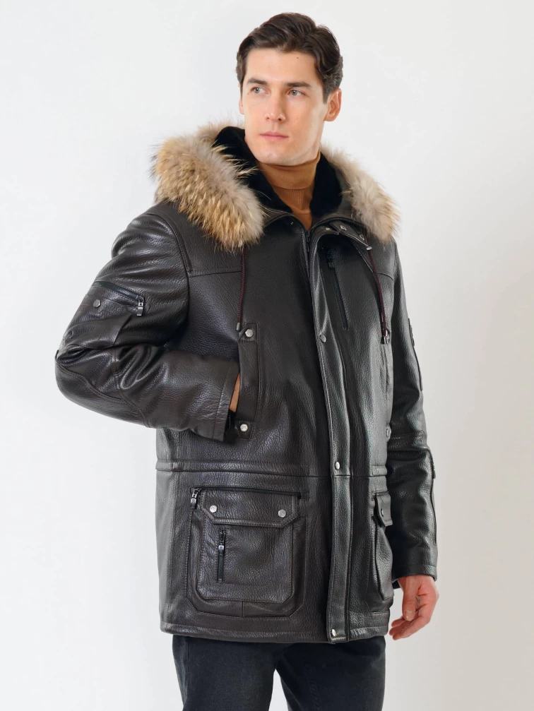 Утепленная мужская кожаная куртка аляска с мехом енота Алекс, коричневая, размер 52, артикул 40300-6