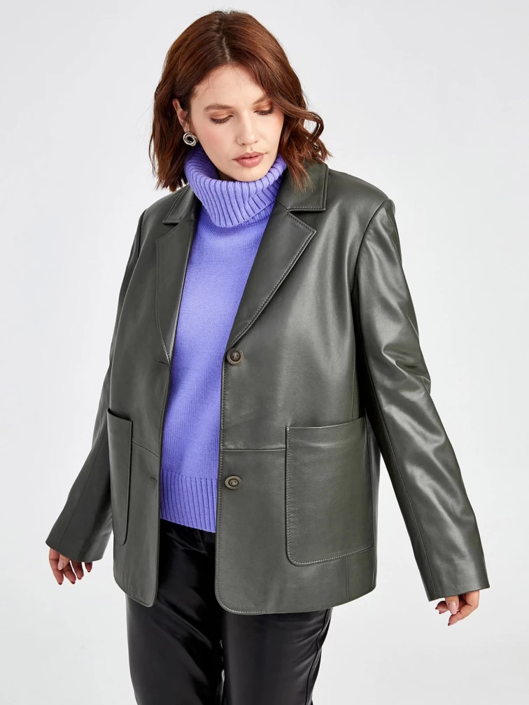 Кожаный женский пиджак премиум класса 3016, оливковый, размер 54, артикул 91581-1
