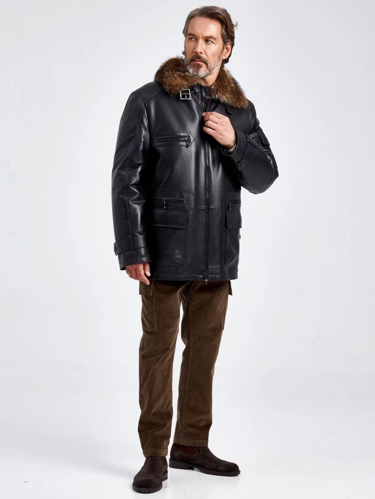 Зимняя мужская кожаная куртка с воротником меха енота 514, черная, размер 56, артикул 40750-5