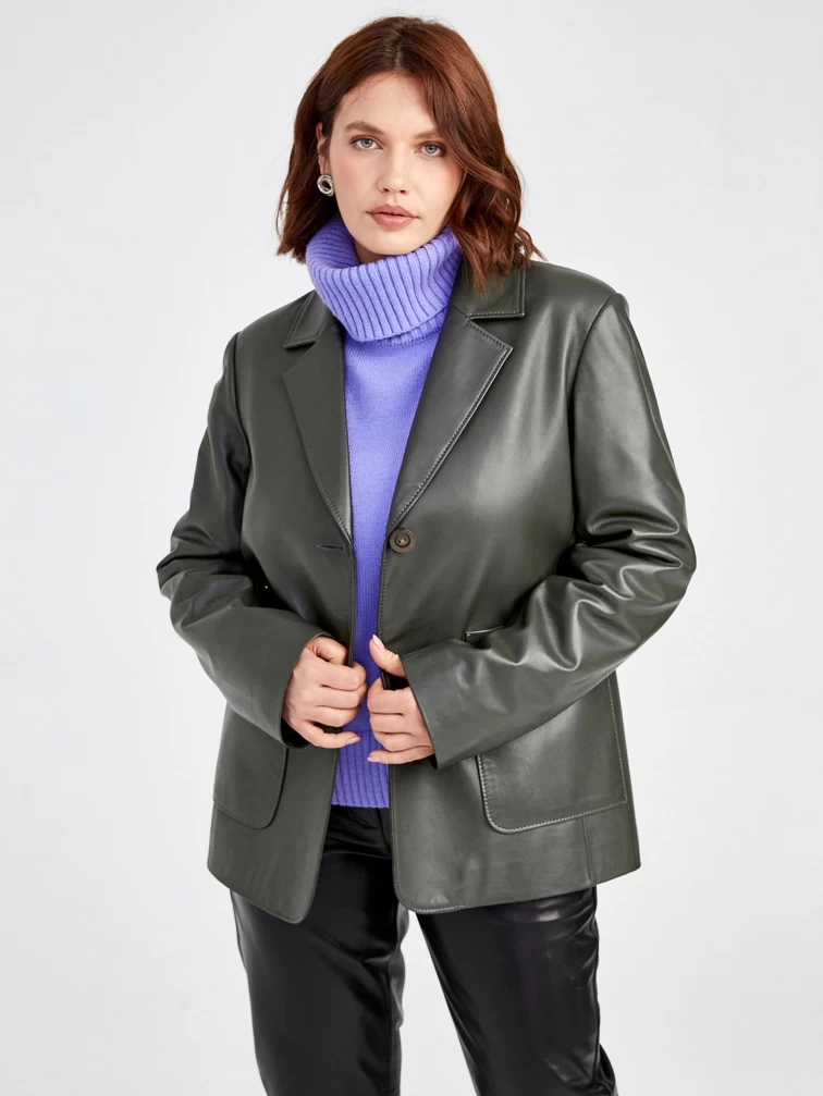 Кожаный женский пиджак премиум класса 3016, оливковый, размер 54, артикул 91581-0