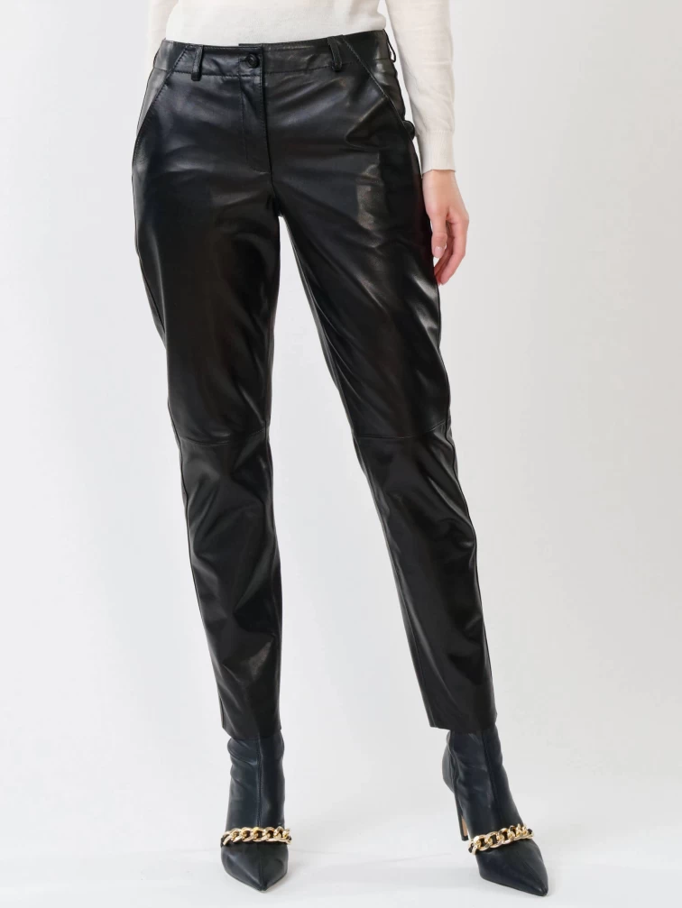 Кожаные зауженные женские брюки из натуральной кожи 03, черные, размер 44, артикул 85240-3