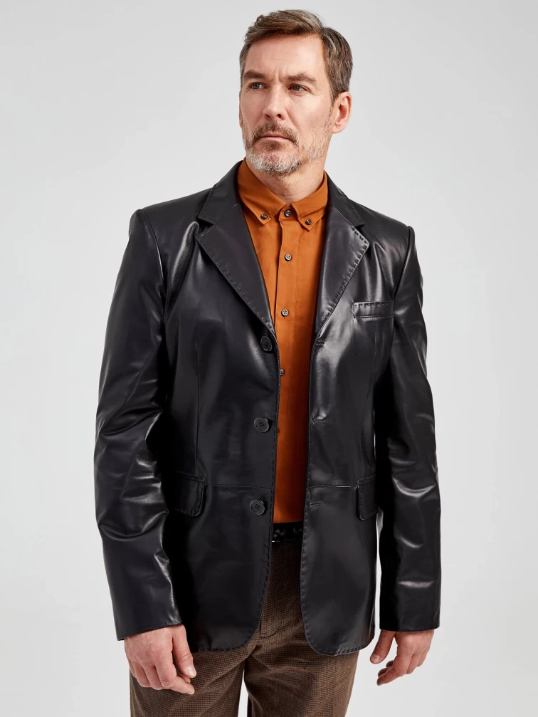 Мужской кожаный пиджак на ручном стежке премиум класса 543, черный, размер 48, артикул 28952-0