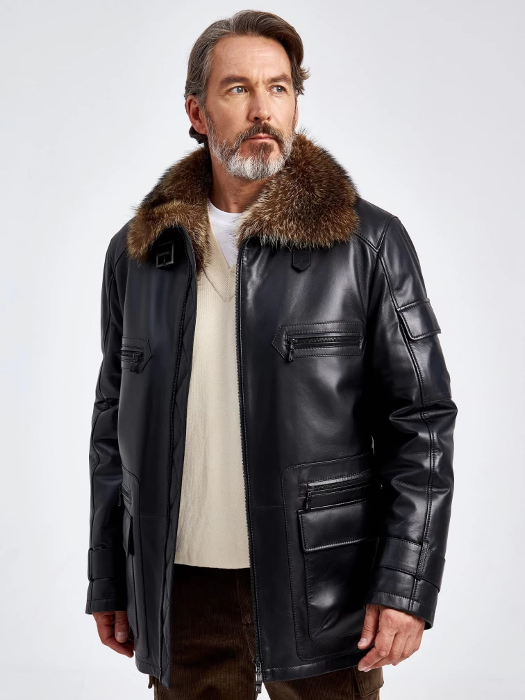 Зимняя мужская кожаная куртка с воротником меха енота 514, черная, размер 56, артикул 40750-0
