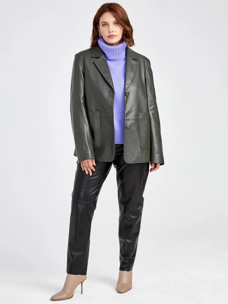 Кожаный женский пиджак премиум класса 3016, оливковый, размер 54, артикул 91581-6