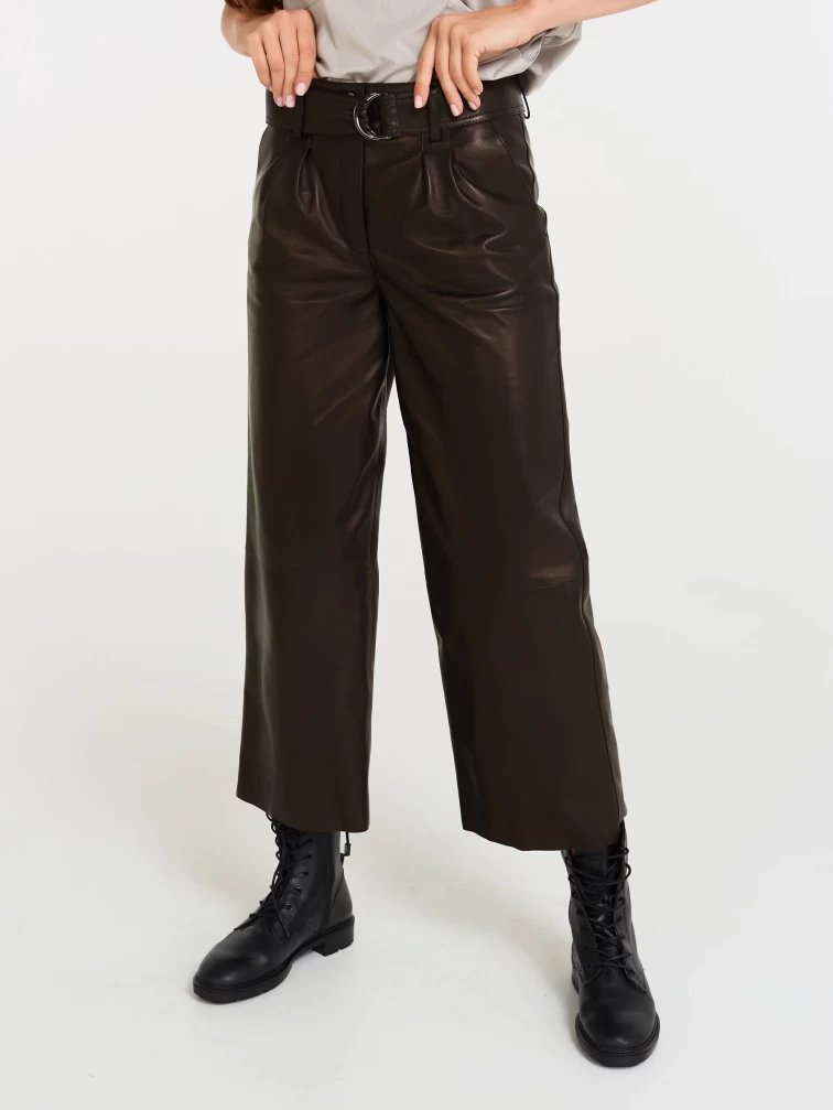 Кожаные укороченные женские брюки из натуральной кожи 05, черные, размер 42, артикул 85090-2