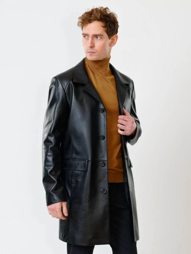 Удлиненный кожаный мужской пиджак премиум класса 539, черный, размер 52, артикул 29552-6