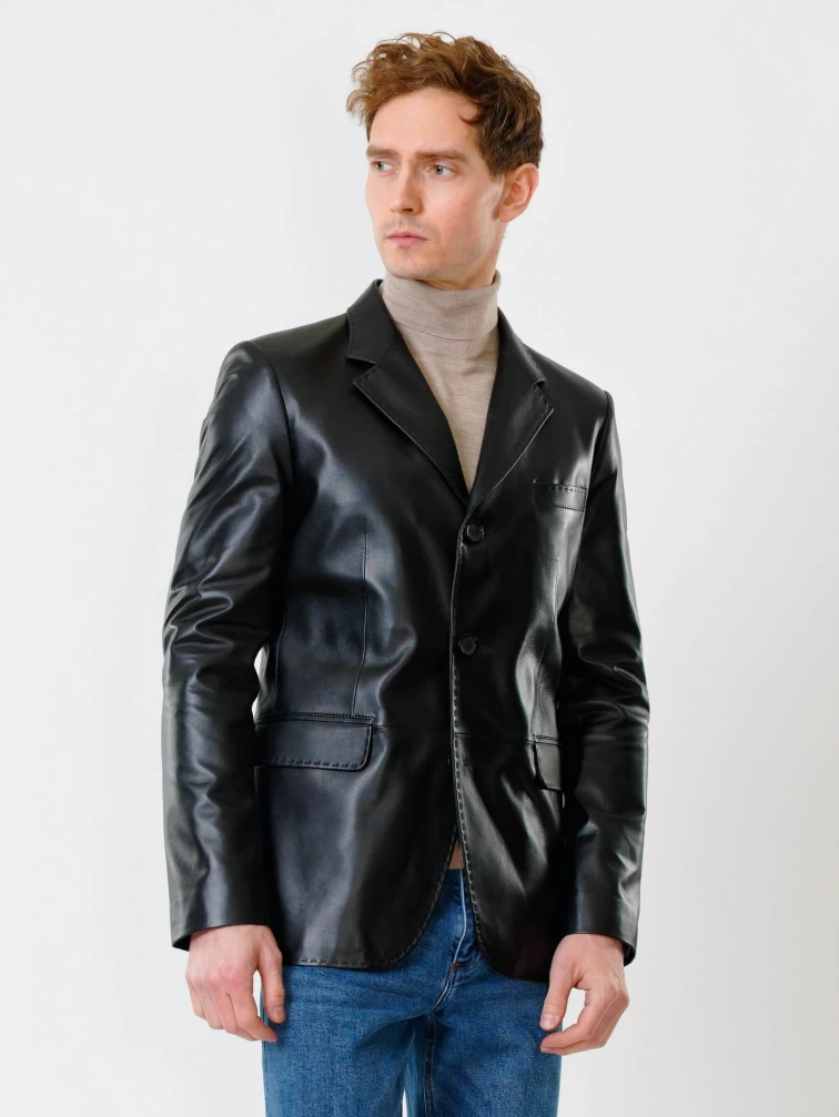Мужской кожаный пиджак на ручном стежке премиум класса 543, черный, размер 48, артикул 28451-6
