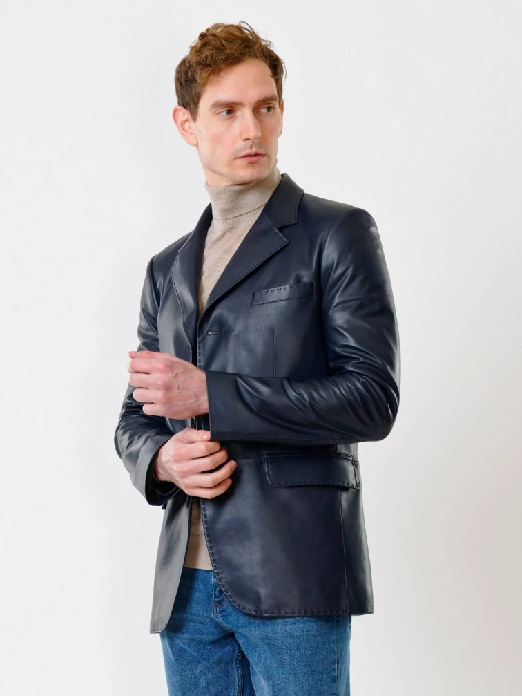Мужской кожаный пиджак на ручном стежке премиум класса 543, синий, размер 50, артикул 28441-0