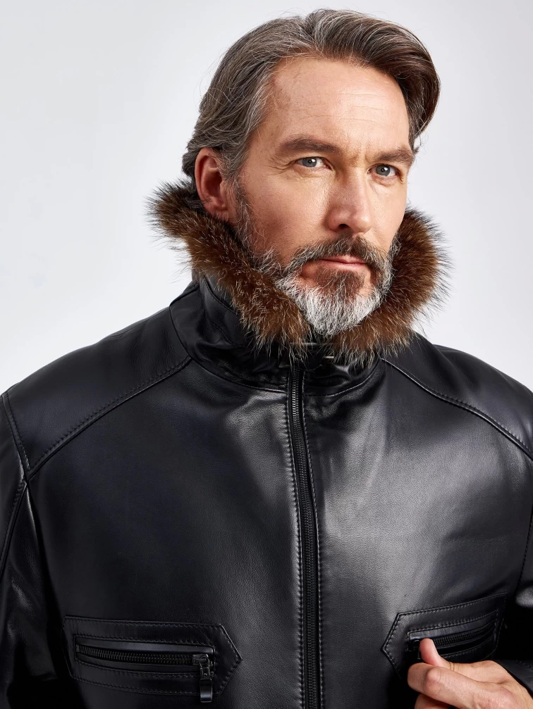 Зимняя мужская кожаная куртка с воротником меха енота 514, черная, размер 56, артикул 40750-2