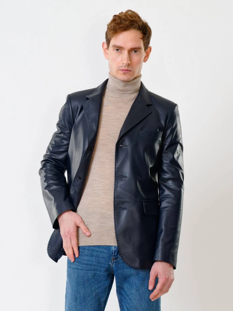 Мужской кожаный пиджак на ручном стежке премиум класса 543, синий, размер 50, артикул 28441-1