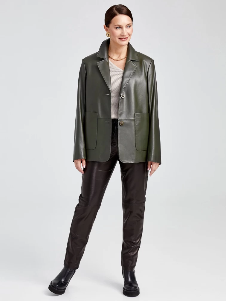 Кожаный женский пиджак премиум класса 3016, оливковый, размер 54, артикул 91630-1